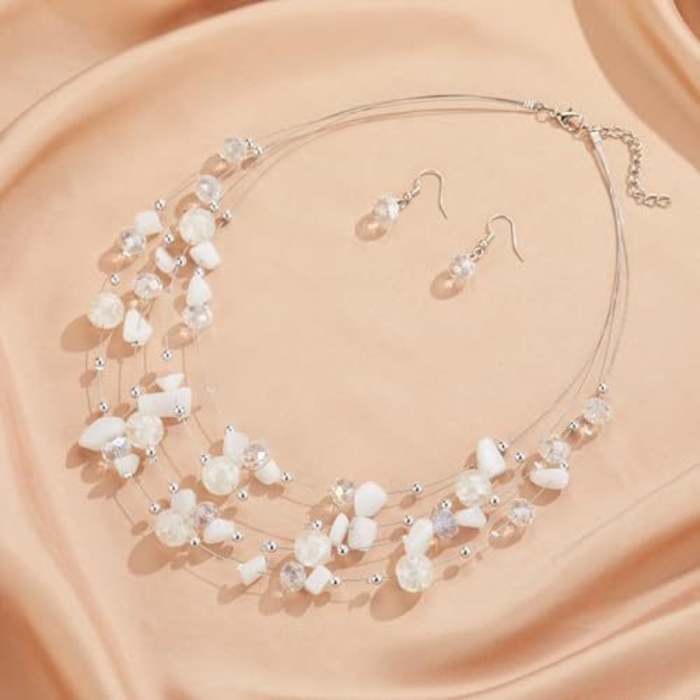 White Pearl Crystal Multi Strand‎ Layered Statement Necklace Earring Jewelry Set
